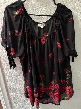 Siren Lily Black Floral Blouse Size 2X Sheer Rose Print Off Shoulder Boho Top